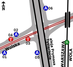 Schemat rozmieszczenia przystanków w zespole „PKP Wola (Wolska)”