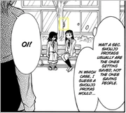 Uchi resumes watching Tomoko as Shizuku sits with her and Yoshida approaches.