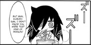 Tomoko is startled while eating udon when someone addresses her.