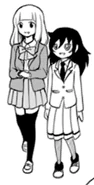 Comparing the heights of Yū and Tomoko.