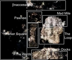 Une vue satellite du Chicago de Watch Dogs. La plus grande partie située en haut n'est pas accessible.