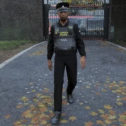A male constable with a black uniform and black vest