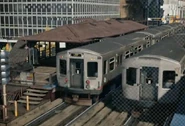 Trains at a downtown station.