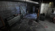 View inside the torture room, showing a bloody floor and cages.