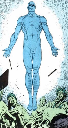 Dr Manhattan, a glowing nude figure floating over terrified scientists amid a flash of light and chaos