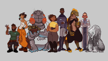 Digital art of the crew of the Wayfarer, from left to right: Jenks, Kizzy, Dr. Chef, Rosemary, Ashby, Sissix, Corbin, Ohan.