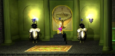 The Gnome King along with his two troll bodyguards in the throne room.