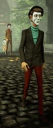 The brown coat and red pants outfit.