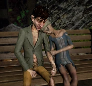 A couple sitting on a bench. (This doesn't happen in the final game)