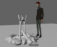 NPC poking a campfire.