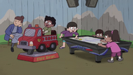 Papa Bear's Pizza Cabin playground with rideable mini Fire Truck and a hockey pool.