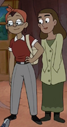 Two friends of Amy, one is a black woman with short, black hair, glasses, and a red bandanna headband. The other is a dark-skinned lady with red lipstick, thick eyebrows, and medium-length dark brown hair. They both seem to attend California University.