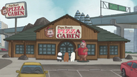 Papa Bear's Pizza Cabin's building structure and near to a flyover.