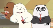 Grizzly, Ice Bear, and Panda drinking boba.