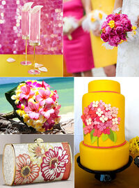 Pink yellow wedding cake dresses cocktails flowers inspiration board