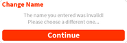 "Change Name" pop-up for when an invalid name is inputted