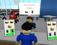 An Employee serving a customer at Bloxy Burgers.