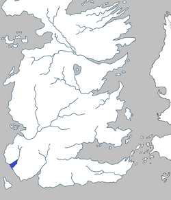 De locatie van de Fluistersont in Zuid-Westeros.