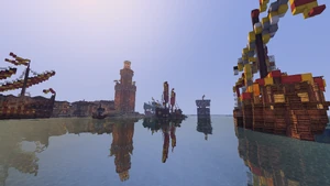 Lighthouse and ships in Lannisport harbor.