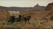 Union covered wagon robbery in the desert valley