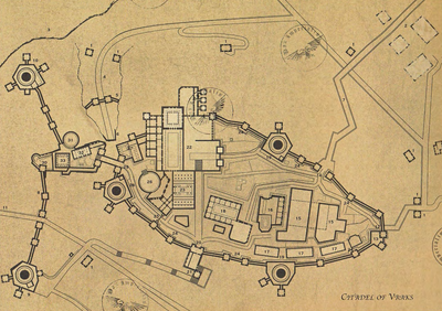 (1 - Bunkry i przyczółki) (2 - Manufatorum -zniszczone) (3 - Wąwóz) (4 - Jar "Dół Śmierci") (5- Mur i brama wąwozu) (6 - Główne wejście do zbrojowni) (7 - Grobla-zniszczona) (8 - Odnoga mniejszej bramy) (9 - Południowy bastion) (10 - Północny bastion) (11 - Droga pielgrzymów)
(12 - Wielka Brama) (13 - Okręg Adeptus Arbities) (14 - Główna brama) (15 - koszary milicji) (16 - Kwatera Główna SOP) (17 - bloki mieszkalne) (18 - Administratum) (19 - Silosy laserowe) (20 - Brama Św. Leonis) (21 - Bastion bramy) (22 - Bazylika Św