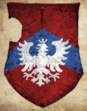 House Alaricum livery shield with Household coat-of-arms, affixed to the hull of a Knight Paladin.