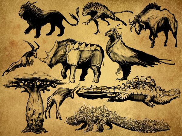 Top row from L to R: Ashhaan Felion, Adaroon, Quavinel. Center row from L to R: Pennzellen, Eleraan, Crandor. Bottom row from L to R: Arazara Tree, Wraithhorn, Lizaarner, Cryadon. (Note: Animals not to scale)