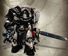 Knight-Sergeant Zadkia Balthasur, 'Formidable Champion of the Lion's Nebula', arrayed in relic Cataphractii Pattern Terminator Armour. Assigned to the elite 1st ('Palatines') Blade Company Note: Ebon-coloured hooded tabard, indicating his position within the Chapter's Inner Circle