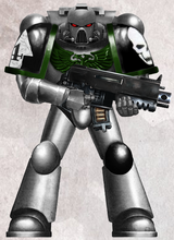 Battle-Brother of the Doom Legion Chapter. The colour of the left poleyn (knee guard) indicates company assignment, in this case, the 5th Company.