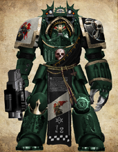 A Judicators Veteran Marine of the Chapter's elite 1st Company ('The Lions') arrayed in Indomitus pattern Terminator Armour. Note: Sable coloured robes and various hexagrammic icons denotes membership within the Chapter's Inner Circle.
