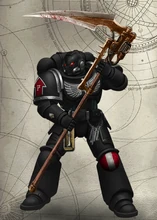 Broken Blades Assault Intercessor of the 2nd Company, 7th Battleline Squad wielding a rare and ancient, relic Power Scythe.