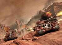 Baneblade Tanks from an Imperial Guard Super-Heavy Armoured Regiment engage the enemy