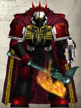 Chapter Master Nenker arrayed in the ancient relic Mk III battle-plate, Living Flame.