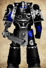 Templars of Iron Veteran Sergeant Klorr Stronock of Clan Kurgan (3rd Company), 4th Clave (Squad) Note: Binaric tech-glyph etchings on right shoulder plate, left upper leg and left arm.