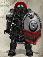 Imperius Ravagers Primaris Decurion (Sergeant) of a Lancearii (Close Support Squad, Line-Breaker Detachment) Note: Typically armed with melee weapons, including a Power Sword (Charopósian-pattern) and Combat Shield. They also have a bolt pistol as a backup weapon.