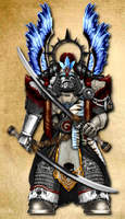 Lightning Wraiths Iakugo (Chapter Champion) with his weapon locked in the twin-blade configuration.