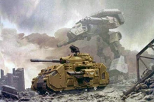 A pict-capture of a Predator Destructor of the Hellhounds chapter acting in support of a Warhound-class Titan of an unknown Titan Legion during a campaign on an unknown world.