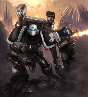 A Shadow Talons Medicus escorted by a fellow Talon-Brother, recovers the genetic legacy of the fallen to ensure his Chapter's survival.
