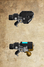 The Hot Shot las-pistol and Plasma pistol he uses when he is on the field, on foot or in the Archni-rig