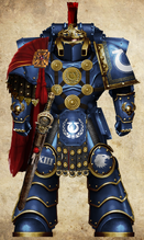 An Ultramarines Veteran-Sergeant Maximus Arceus of an unknown Company, Unknown Chapter. Arrayed in relic Mark IIIא "Shi" Power Armour during the Horus Heresy. Note: This Ultramarine bears the insignia of the Invictarus Suzerain, which is the formation of Invictarii Veteran cadres, which served both as a Legion elite and as a pool of warriors who, through their actions, had singled themselves out for potential future high command, not simply by bravery or skill at arms, but also for displaying a talent in strategy, governance, organization, and administration, persumably either a member of the Invictarus Suzerain or retired from the rank.