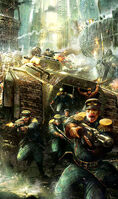 Mechanised Infantry from a Mordian Iron Guard Regiment disembarks a Chimera armoured transport