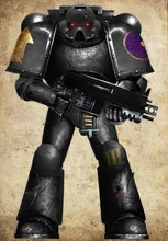 Nomads of the Halo anonymous Battle-Brother of the 3rd 'Dishonoured' Company. Note: Members of this company have a distinct lack of personal insignia and personal adornments, as well as removing all brass trim and purple colouring from their armour, wearing all-grey colouration to show their mark of shame. Only the most basic of livery, including Chapter icon, company number and squad specialist symbols are allowed.