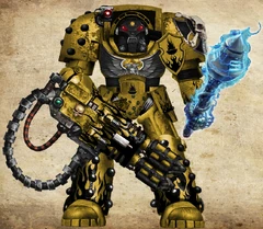 Revealers Redemptor Terminator arrayed in relic Indomitus pattern Terminator Armour and wielding an archaic pattern of heavy flamer and power maul.