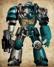 A depiction of a Son of Iron Veteran Marine in Terminator Armour from before the creation of the Neo-Gorgon pattern, in the traditional Suamin painting style.