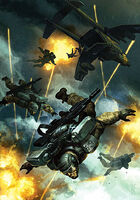 Guardsmen from an Elysian Drop Troops Regiment deploy via grav-chute from Valkyrie assault carriers