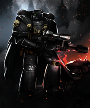 Knight-Veteran Turiel Abdazion, "Penitent Angel of the Mysterious Vigil," of the elite 1st ('Palatines') Company, Reconnaissance Section, performing his role on the battlefield as a Scout Sniper. Note: Cameoline Field is disengaged, and so the surface of the armour takes on a flat-black finish in its passive state; when the field is activated, the armour's surface mirrors ambient lighting conditions, allowing its wearer to blend into his surroundings.