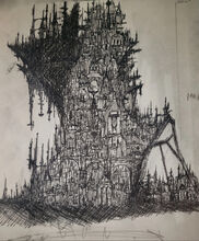 Artist's depiction of Hive Tiberion and The Iron Tower under construction