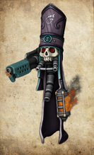 This skull once belonged to Master-Sergeant Galaco Trass, who continues to serve the Emperor posthumously. For Trass, even in death duty does not end; his servo-skull aided the attack on Aeldari xenos from Craftworld Idharae.