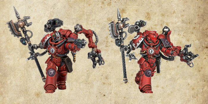 A pair of Primaris Techmarines from the Starborn Giants' armory. Like the Salamanders, the Starborn Giants bear the black skin and scarlet eyes that led to the Salamanders' nickname "devils in the dark" during the Great Crusade.