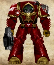 Crimson Dragons Veteran Marine of the elite 1st Company arrayed in relic master-crafted Indomitus pattern Terminator Armour.